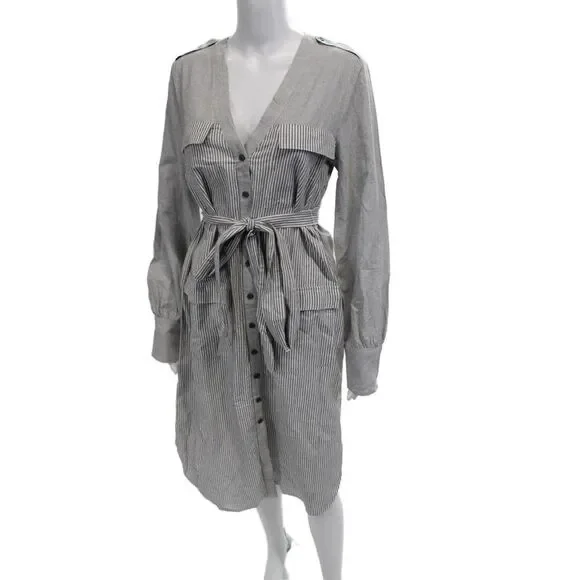 BCBGMAXAZRIA Womens Shirt Dress Gray Striped V Neck Long Sleeve Size S - Picture 2 of 4
